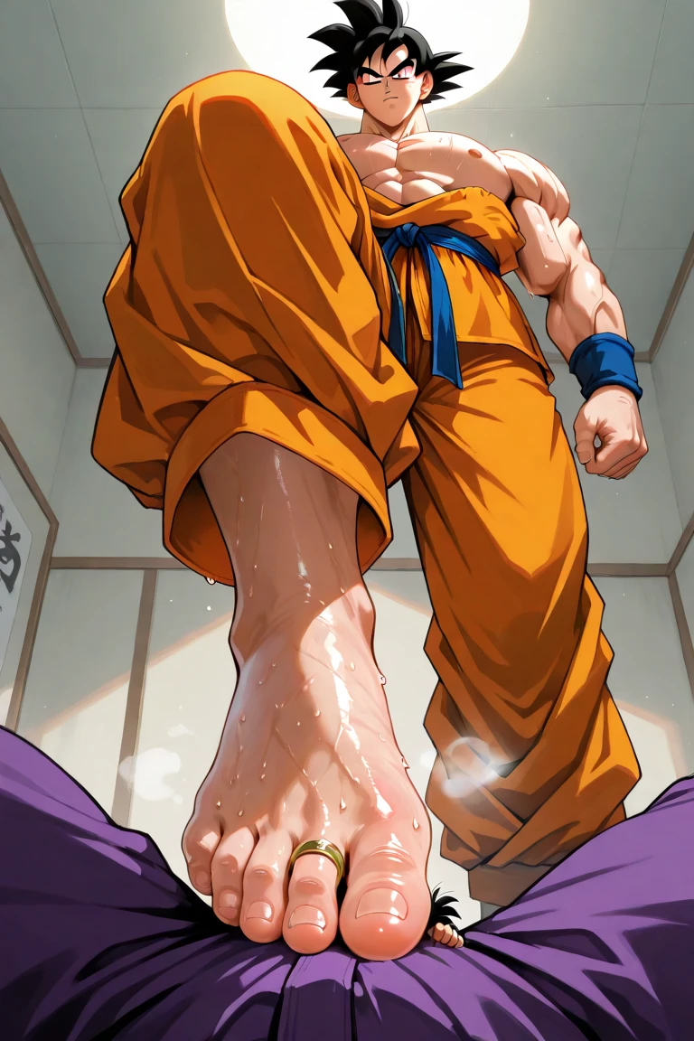 masterpiece, Highest quality, so beautiful, Absurd,Anatomically correct body,One boy, Male Focus, Son Gohan,Dragon Ball,View your viewers,Half naked,Purple long pants,Show the soles of your feet, Perfect legs, Five-toed feet, Feet Focus, Two legs, 2 feet,10 years old