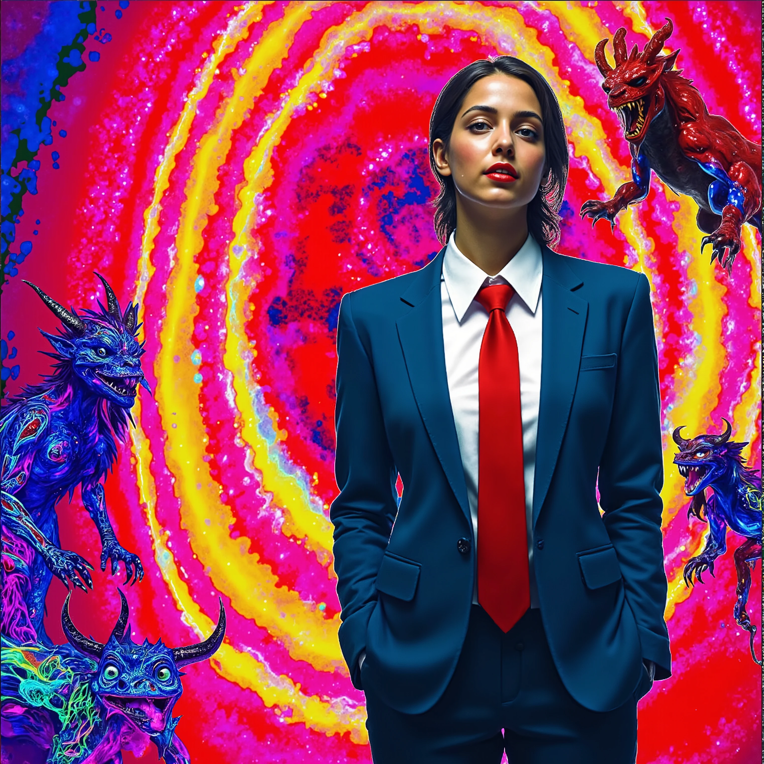 A woman stands confidently, hands in pockets, wearing a sharp blue suit paired with a crisp white shirt and a striking red tie. The vibrant and surreal background creates a vivid contrast with its swirling concentric patterns of bright yellow, pink, and red hues, interspersed with touches of violet and blue. Surrounding the person are several fantastical creatures rendered in both dark blue and red tones. These creatures have an otherworldly and mythical presence, each depicted in dynamic poses. The overall composition blends corporate formality, represented by the attire, with an imaginative fantasy realm suggested by the psychedelic backdrop and mythical figures, evoking a sense of intrigue and wonder.