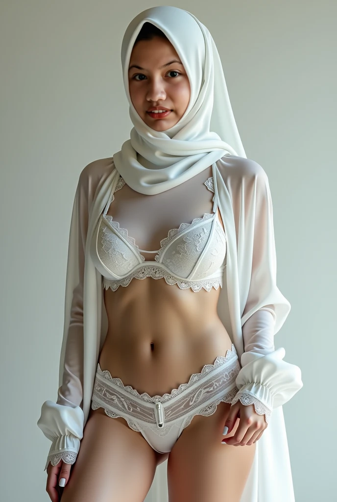 (I:0.8).rift, raw, best quality, high resolution, Masterpiece: 1.3, Beautiful Javanese hijab girl wearing white lace bikini Masterpiece, soft smile,Full body