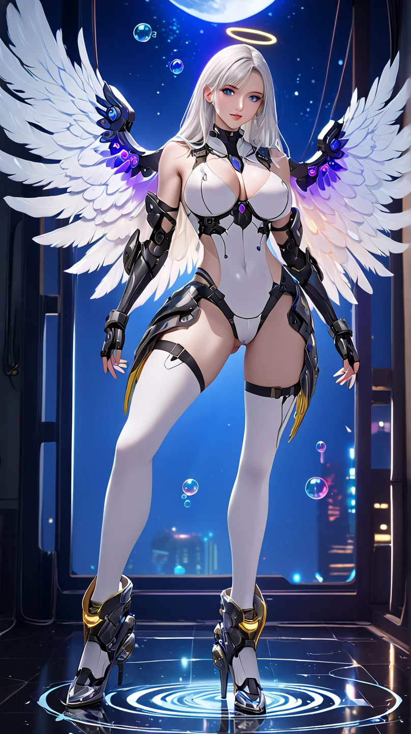 ((Highest quality、8k、masterpiece:1.3))，((Cybernetics and Bondage、Angel、Prayer Pose、Micro Bikini))、Image color is white、((Mechanical Wings))、Japan Maiden，((Full body portrait)),Best image quality，Ultra Clear，The facial features are delicate and well defined，Exquisite detail，Slim body、Small breasts、Small Ass、Upright pose、Black Hair、Bob Style、Cropped bangs、Anatomical、Facial muscles、elegant、Beautiful background、Octane Rendering,Cathedral