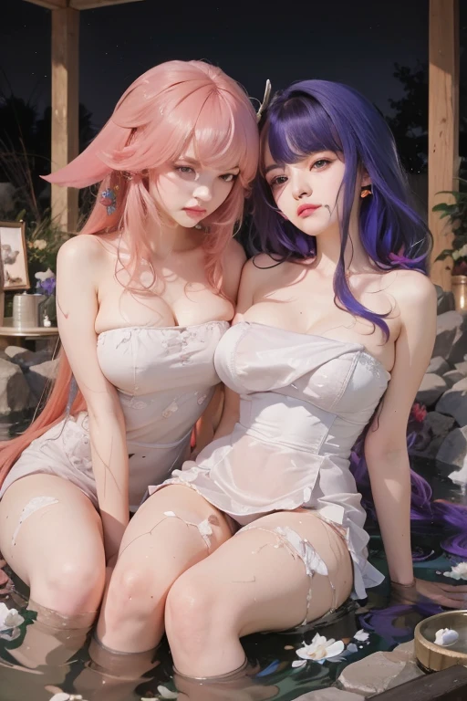 masterpiece, best quality,multiple girls, breasts, 2girls, yae miko, raiden shogun, purple eyes, pink hair, japanese clothes, purple hair, large breasts, long hair, cleavage, hair ornament, thighs, purple kimono, thighhighs, bangs, animal ears, detached sleeves, fox ears, wide sleeves, kimono, moon, weapon, braid,(kbxll:0.8)