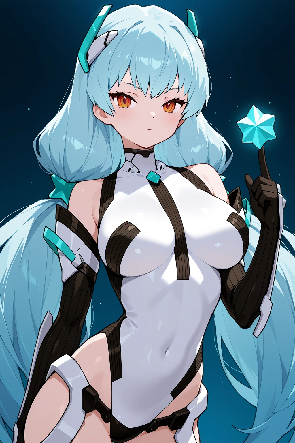 1girl, full body, rabbit ears, bunny ears, light skin, white skin, white bunnysuit, blue trim, bunnysuit, pantyhose, machinery, futuristic, science-fiction, neon trim, tech, large breasts, hourglass figure, blue hair, very short hair, blue eyes, smile, high heels, standing, ((full body))