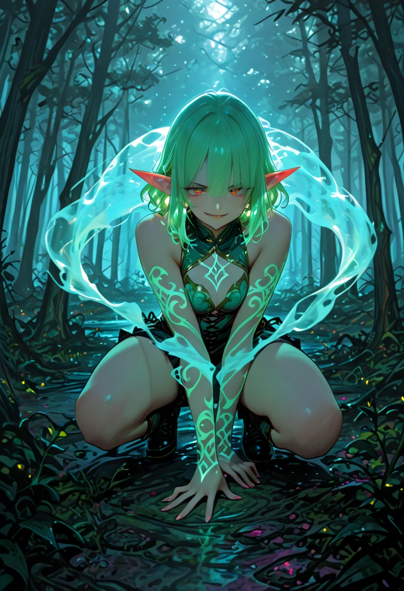 There is no lighting from above, flowers in the hair, long hair, 1 girl, flat, naked, wet pussy, green hair, chibi, kneeling, tail, dragon horns, pussy is visible, night, stars, rain, enchanted forest, glowing green, mystical fog, ancient ruins, dragon, flower decoration, glowing plants, glowing plants lighting, dark sky, dragon wings, lake, blue eyes, glowing trees, magic forest, no bright light, only light from glowing plants, magic spell in hand