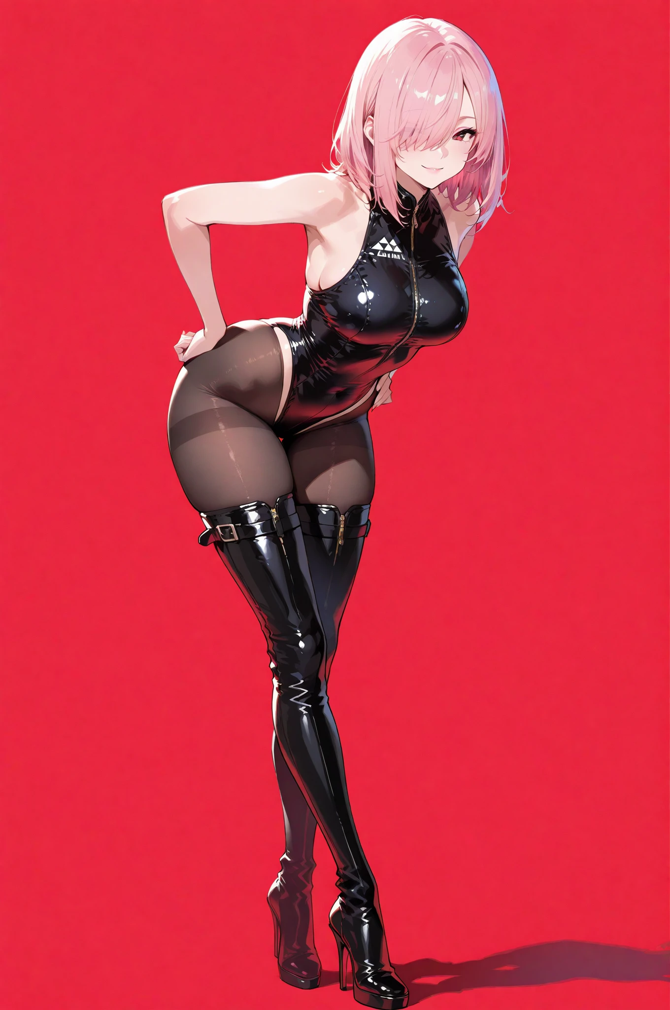 dark fantasy anime illustration of a (mature MILF BIMBO albino skin and short white hair), (FULL BODY) perfect face, wearing tight leather stealth armor, stalking, BIG KNOCKERS CLEAVAGE, lustful smirking smile red blush red cheeks, chain leash, kneeling, shackles, leather black collar slave, ((BLACK background)) hands on glass WITH KNOCKERS on glass, glass window fog water drop, 5 fingers each hand, metal handcuffs, black choker collar, thighhighs, long legs, metal ankle, metal sandals, metal shoulders, standing straight symmetrical against glass