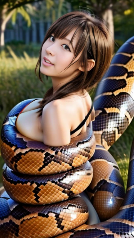 masterpiece, best quality, illustration, highly detailed, Tifa Lockhart, length hair, floating hair, messy hair, unique hair detailed, large breasts, breasts out, beautiful detailed eyes, cleavage, snake, (coiled), (python), snake scales detailed, restrained, scared face, crying, mouth gagged, nude, milk spurted from her nipples,
