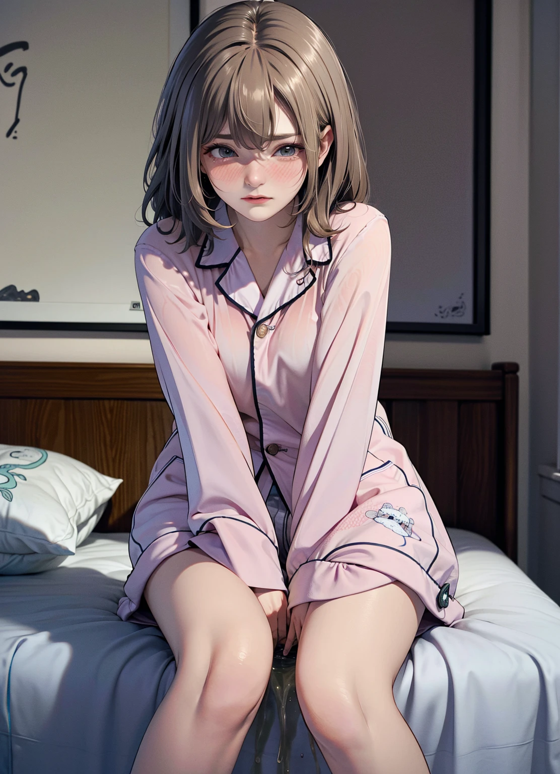 Girl sitting in front of the window,Look out the window,25 years old,ssmile,Side Body,realisticlying,she is wearing short pants,Hold your legs with both hands,Wearing light purple pajamas,Lace,brown hair。