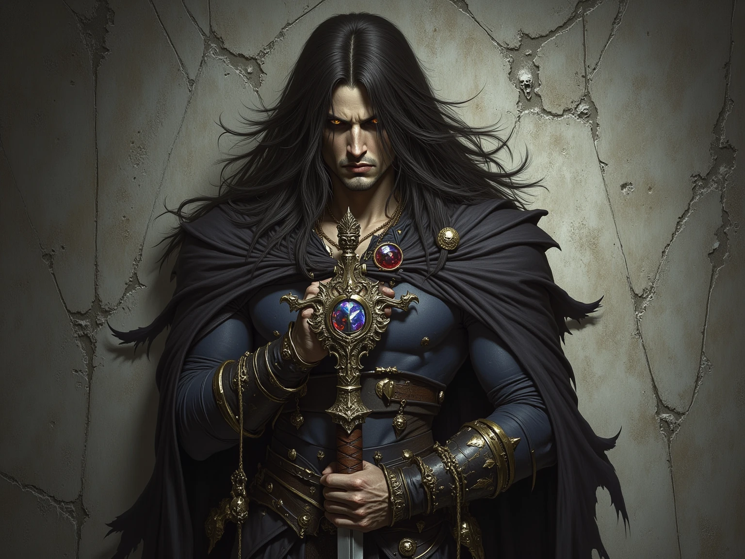 Masterpiece, Highest quality,battlefieldในเมือง, rain, realistic, 1 person, mature man, A quiet and charming young man, 30 years old, smile, gag, Portrait, Highly detailed face, 寒さとsmile, ((blue eyes)), ((black short hair)), [Thick eyebrows], battlefield, ((long coatสีดำ)), long coat, ((all black)), (blue eyes) ,Short Black Quiff Hair with Soft Fringe, handsome , muscle, Facial expressions, Black Knight Armor (Plain black armor) , black fur shawl(Masterpiece,best quality,special, (Broad shoulders)) (muscle), male focus, Hand Held Weapons (Crescent repeater),Lipo,Fang Tian Hua Ji, attack posture. , Details of his repeater, Characteristics and characteristics of monsters, and convey the tension and power of the encounter.."