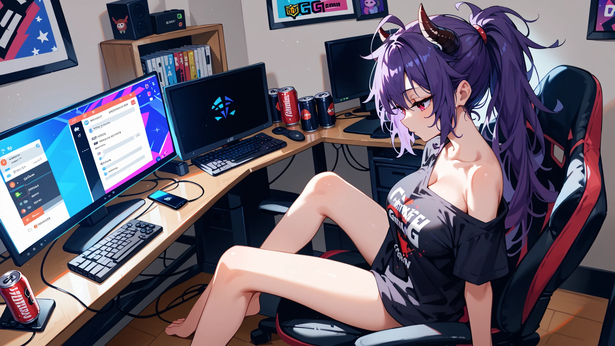 naked (masterpiece),high detailed, detailed, high quiality, (judy alvarez),a naked girl, solo,room background,desk,3 monitor, pc,pants,(from side),(programming),typing on keyboard,monitor light,light on face,green and purple hair,left side of shaved head,body full of tattoo, neck rose tattoo,small white shirt,tattoo on boob,arms tattoo,left arm 13 tattoo,red spiderweb tatto on right shoulder,eyeshadow,no light in room, darkness, sitting, sit on chair, serious expression,head from side,side head,(((looking at monitor))),