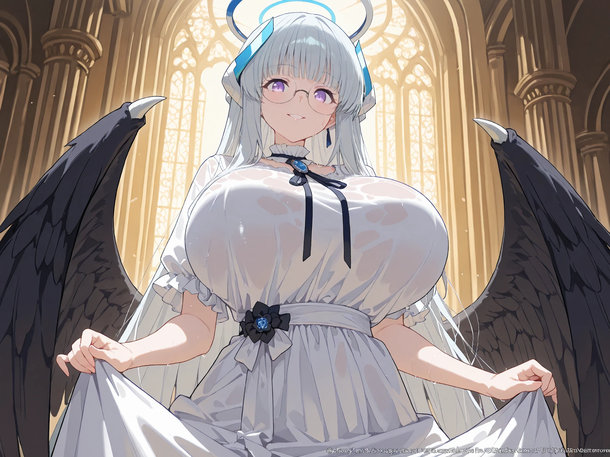 Highest image quality，Top photography，4K，Holy and pure goddess，long  white hair，The long white dress fluttered like a cloud，Expose both breasts，Has charming wings，blue colored eyes，Full body photo，out a hand，In the background is a church shrine，Meticulous portrayal，Stained glass plates，Divine light，Body bareness，Huge chest，Clear eyes，Slip nightdress，Rise in mid-air