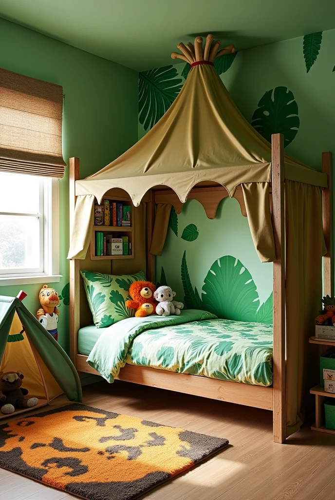 little boy wearing yellow straw hat, Play in the small tent in the children's room, There is a night light on the wall, in a light-off environment, on site, European and American children