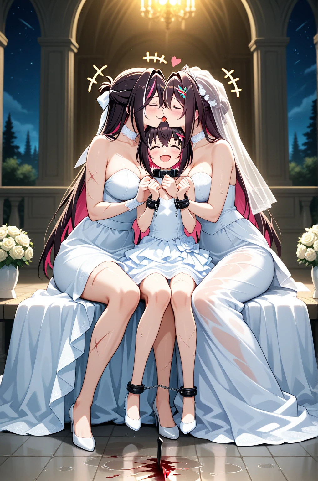 Wedding dress　Wedding hall　Black Hair　tiara　Beautiful breasts　White bra　No underwear　On all fours