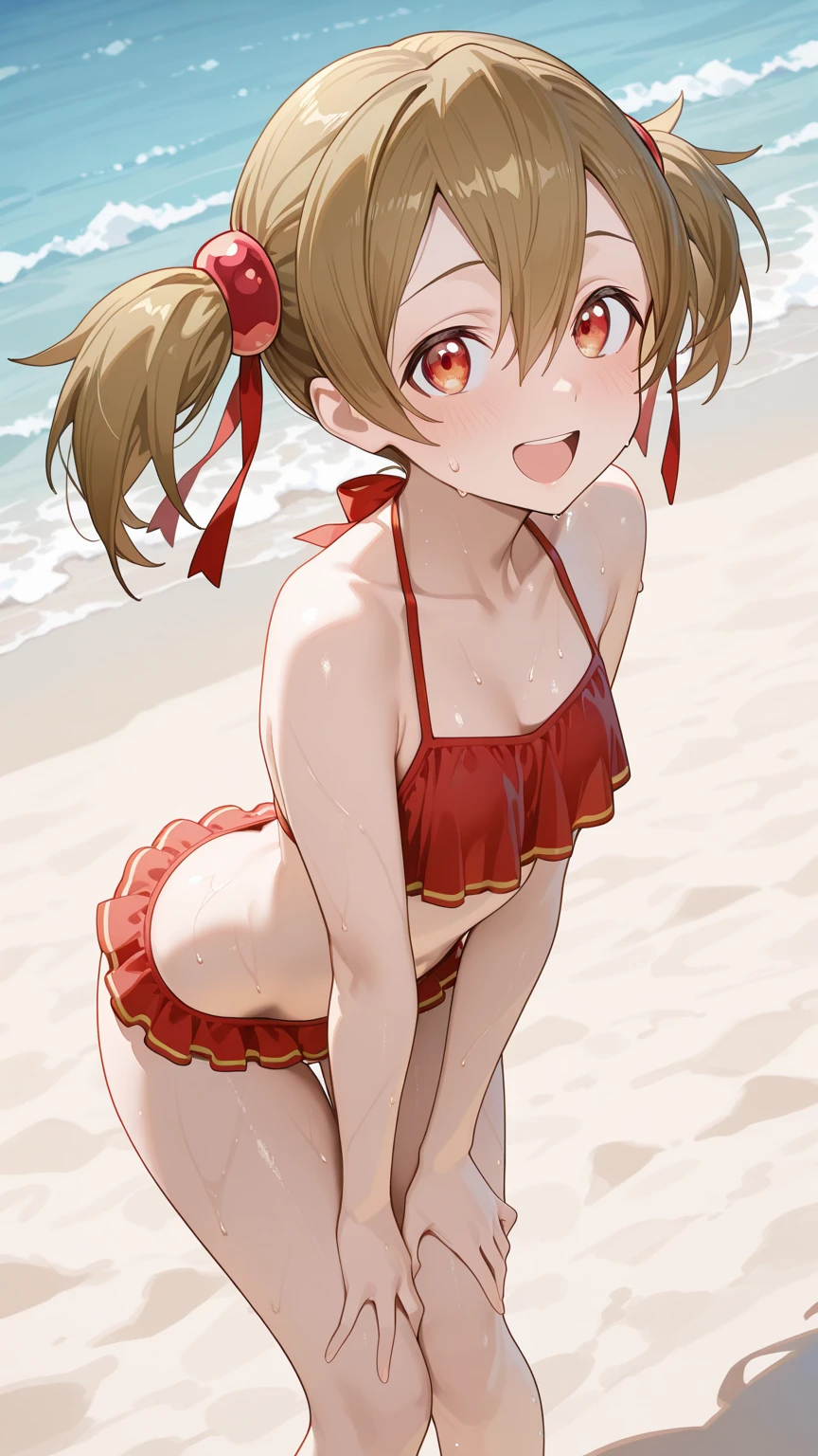 1girl, evil neuro-sama, (yuzu modoki), red eyes, light brown hair, ahoge, two side up, hair ribbon, dark red ribbon, heart hair ornament, (masterpiece, best quality), highly detailed, finely detailed, natural lighting, detailed scenery, (3d render:0.7), swimsuit, wet, steam, outside, onsen, sitting,
