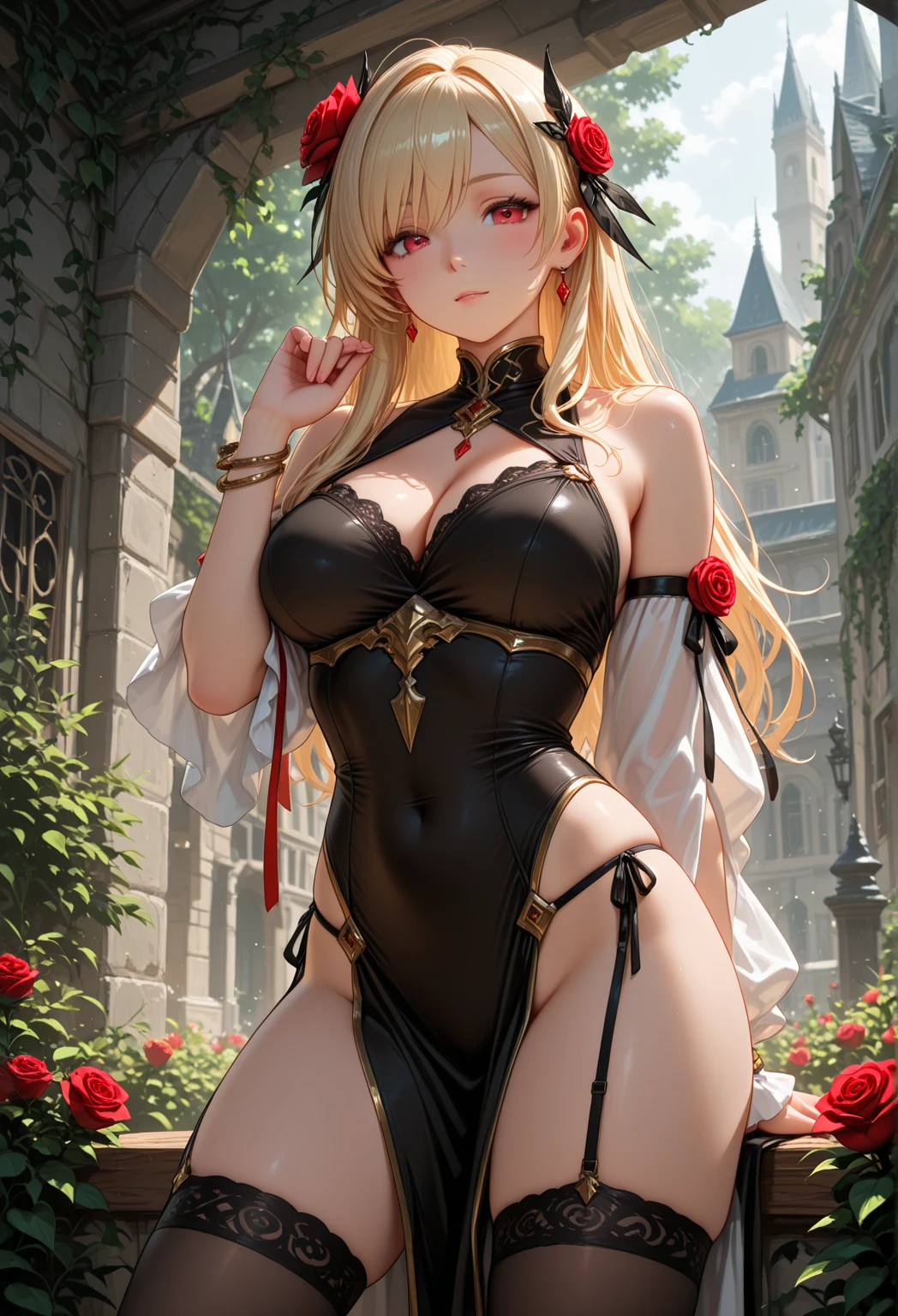 masterpiece,Female Warrior， best quality, high resolution, 1 Girl,clothing, Blonde Hair, Orange eyes, veil, diaphragm, Pointed ears, Large Breasts, Curvy beauty,Upper Body,Arabic dancers，Holding a spear