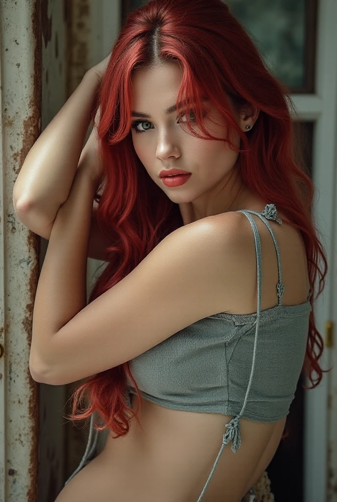 ultra detailed and realistic photograph of a beautiful woman wearing a modern outfit with a skirt and high heels, long hair up, bold colored hair, piercings in each ear, fashionable pose with arched eyebrows, beautiful symmetrical and detailed brown eyes, beautiful detailed face, cozy atmosphere, exquisite detail, facing the camera, looking at the camera, high sharpness, facial symmetry, ultra detailed , ultra high