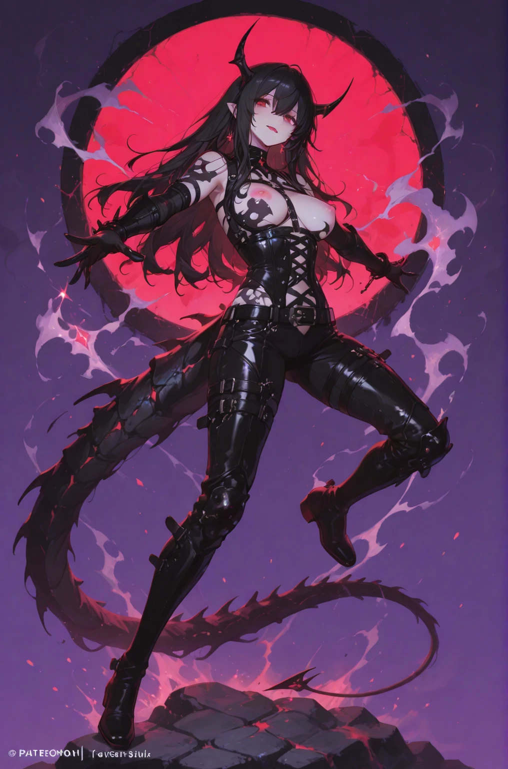 Create an image of a stunningly beautiful gorgeous perfect sexy evil sadistic demon girl, detailed perfect gorgeous face, detailed vibrant eyes, full body view, large demonic horns, long tail, heavy metal bikini armor, 