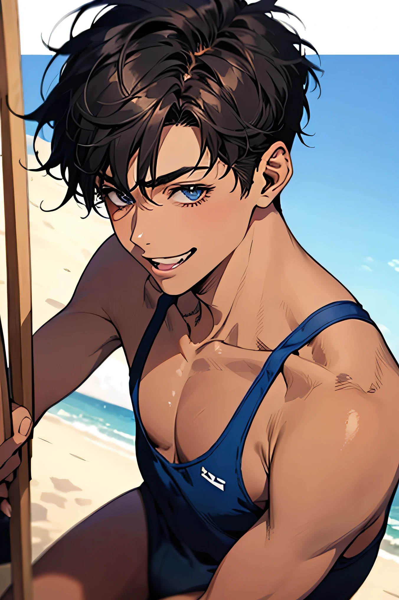 Man in bikini standing on the beach next to palm trees, Long Two Side Up Brown Hair Boy, Long twin-tailed brown-haired boy, Seductive Anime Boy, Charming anime boys, marin kitagawa fanart, Cool anime boys, Smooth Anime CG Art, garments:Bikini swimwear, Beautiful charming anime men, realistic bikini, Cool anime men, beautiful alluring anime teen, (Anime Boy), very detailed Artgerm, Beautiful anime men, Black and yellow bikini, anime moe art style, Anime Best Boy