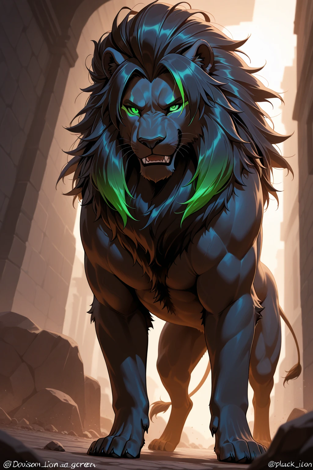 Dark haired lion with 2 braids in his hair, green eyes, neon green tongue