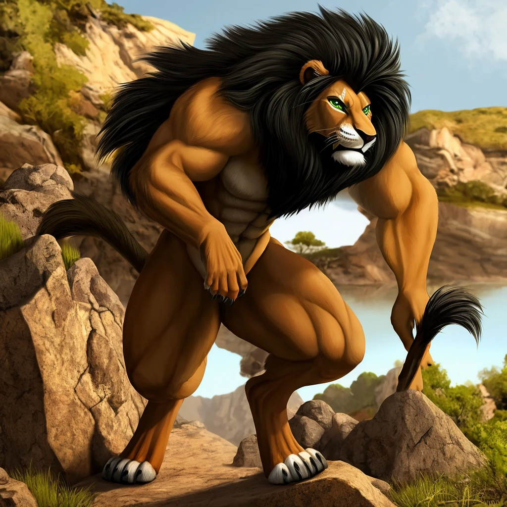 anthro (lion), feline, adult, solo, very muscular, thick neck, ((sturdy shorts)), flexing, ((posing)), epic, ((biceps flexing)), topless, tail, (brown fur, black mane, detailed fur:1.3), (ragged fur:1.1), bodybuilder, fighter, contest, scene, veiny muscles, detailed background, venue background, photorealistic, hyperrealistic, ultradetailed, (masterpiece:1.2), bulge, correct fists, uncensored, (((by grimfaust))), genital outline, dark snout, green eyes