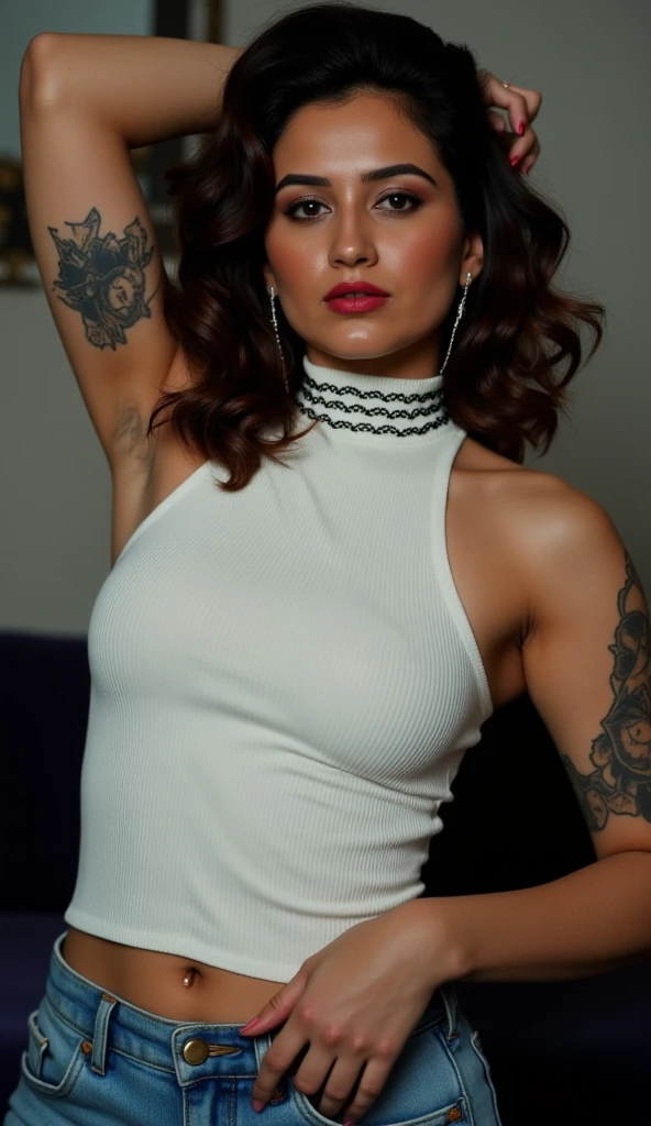NSFW, close up, naked, nude, open legs pose, naked pussy, a steampunk girl in a , (White crop top:1.2), Little mom, black and blue leather, tattoo, hyper detailed, ultra sharp, long brown hair in braids, 8k, (incredibly detailed:1.5), full body photography, 20 megapixels, Canon EOS R3, detailed skin, pale skin