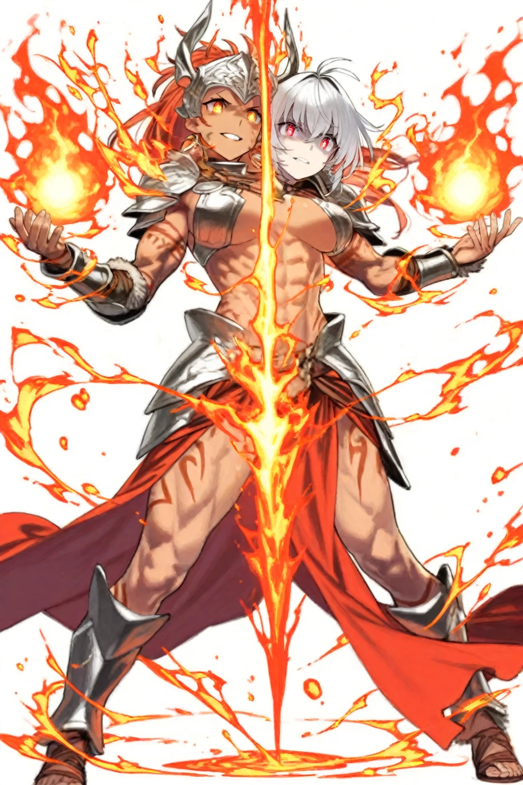 (Mature muscular warrior 1 person,Warrior Costume,Arm guard,Leg guards,Head ornament,Age 35), ((Pub,guild)),(smile),Dynamic pose,Dynamic Angle,belly button,Pose for a photo,From below,Elderly woman、Woman with a big axe、Red hair、Berserker、Trading Card Game Frames、Highest Rare