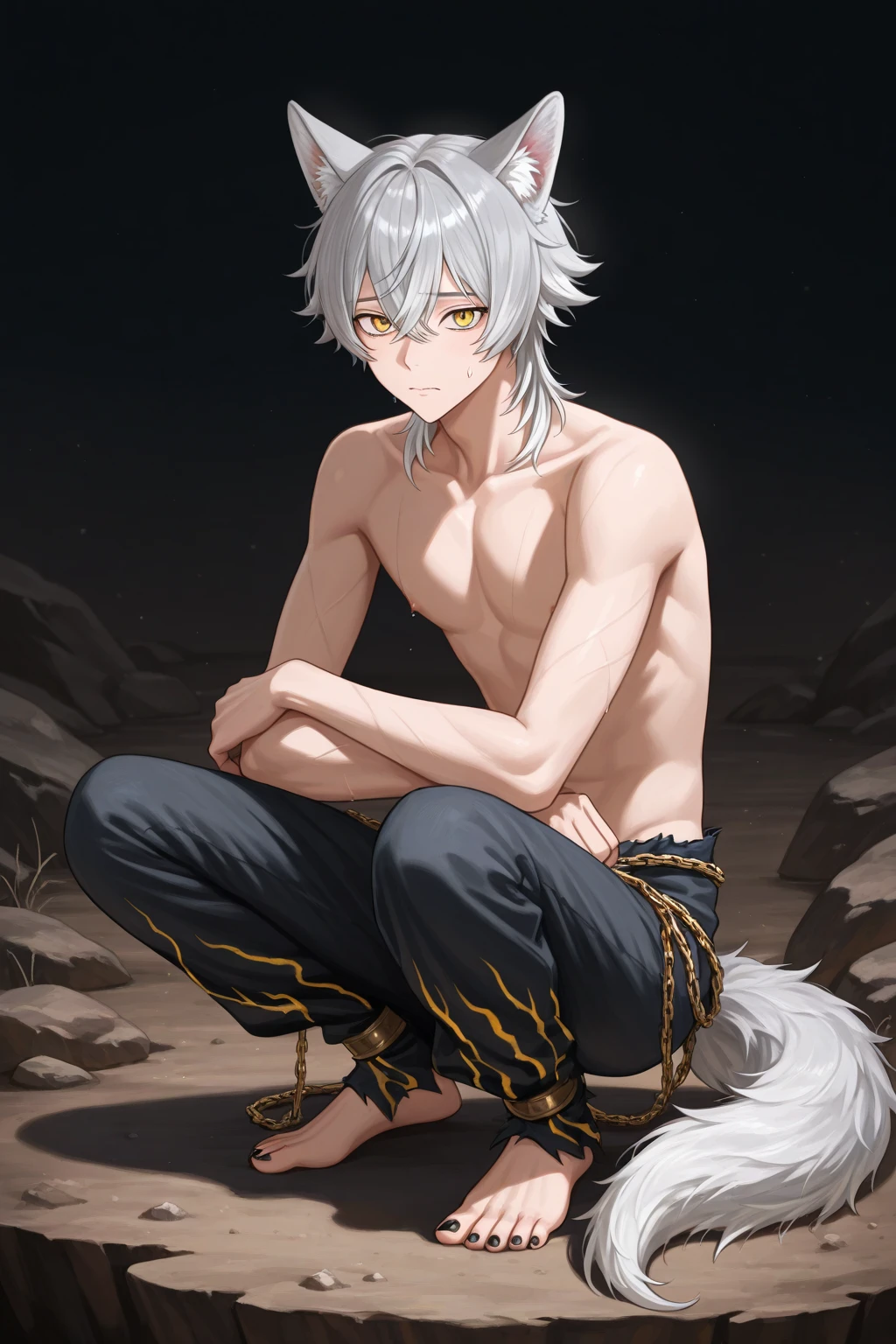 (masterpiece, best quality:1.3), high resolution, Wolf，White hair，The fur on the arms and calves is a gradient sky blue，Sky blue pupils，There is a golden star mark in the middle of the forehead，Sky blue ear hair，Wears a pale pink kimono，Clothes loose and half-off，Expose your shoulders，Stand in the hot spring pool，Back against the stone，A flush on his face，Blurred eyes，Background semi open，Time night，The open-air part is the starry sky，Background building is Japanese house interior and gravel road，Male orcs，Long white hair，Hair floating in hot spring water