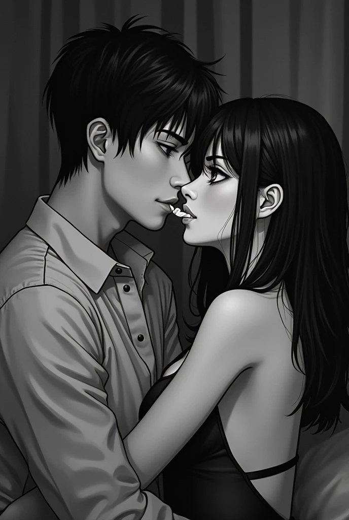 Back of tall, thin boy, with semi-long wavy hair in black and white with Argentine features, in casual clothes sad kissing a short girl with glasses long black hair with Bolivian features 