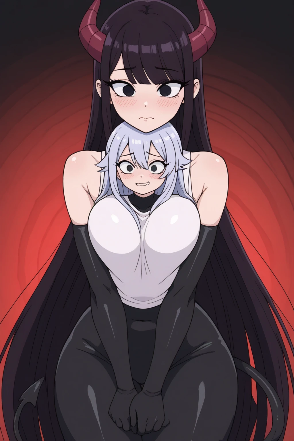 Anime girl, prettify, femme fatale, noir, detective, dress, reasturant,shadow, silver hair, heterochromia eyes,her  left eye is gray, her right eye is red rose, straight hair, straight hair cut and straight blunt bangs, strictly straight cutted bangs, hime hairstyle