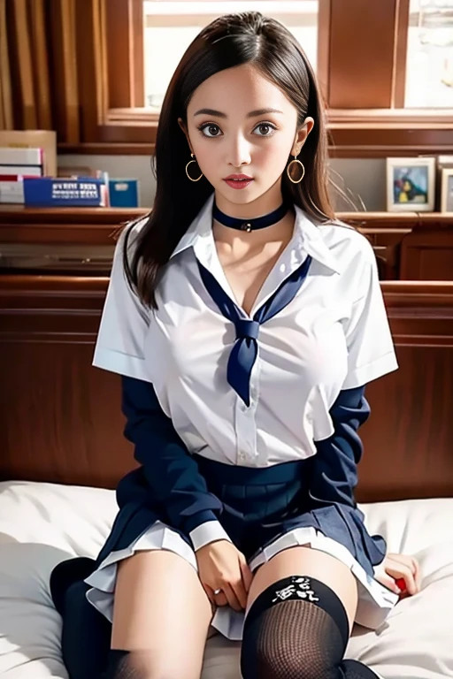 (extremely delicate and beautiful, masterpiece, Best Quality, ultra high resolution, 16k, Photorealistic, ultra-detailed, Very detailed CG 8k wallpaper, Beautiful Lighting, Perfect Lightning, Realistic Shadows, anatomically correct), (Detailed shiny skin, Latino, late 20s, (Slim body), (Slim abdomen), small head, Realistic small beautiful face, Realistic small beautiful eyes, double eyelids, eye liner, mascara, tearful mole, mole on chest), (full body shot, short wavy hair, (((huge round breasts))), cleavage, Soft midriff, Fine Collarbone, beautiful and very thin legs, beautiful and very thin thighs, bare shoulders, bare legs), ((from above)), hands up, wet, ((((white hair)))), full-face blush, ((((school uniform))))