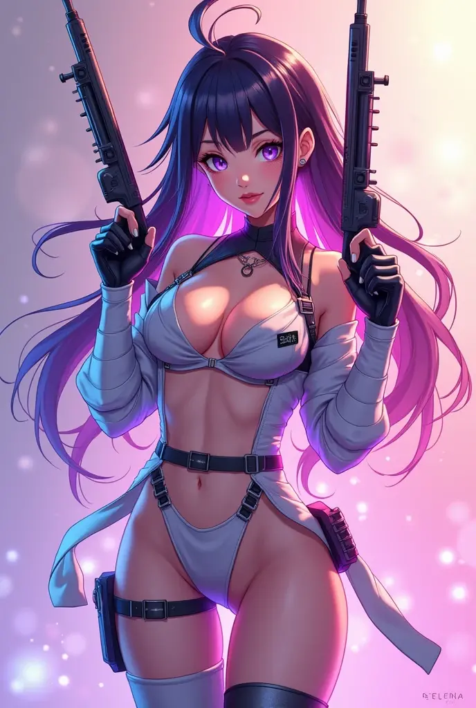 A with pure white straight hair, Latin ancestors, Purple Iris, Wearing a black tactical suit with gold thread、She wears gold earrings in the shape of snakes. Big eyes, Detailed face, Complex grunge costumes, Cinema Lighting, Realistic concept art with strong backlighting,Girl,12 years old,Swimwear,Large Breasts