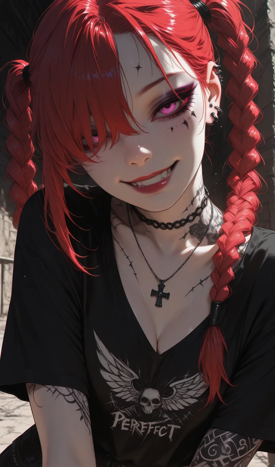 Masterpiece, Score_9, score_8_up, 8k, ultra-detailed, Ultra-high resolution, high-quality, 1girl, cute, perfect anatomy, pink hair, pink eyes, long hair, double bun haircut, blunt bangs, goth girl, scar, scar on face, blood on face, chain necklace, ear piercing, piercing, armlet, thighlet, small breasts, sleeveless soldier uniform, army girl, mini pants, cowboy shot, angry, crazy smile, fangs, holding a gun, looking at viewer, military background, sexy, sweet