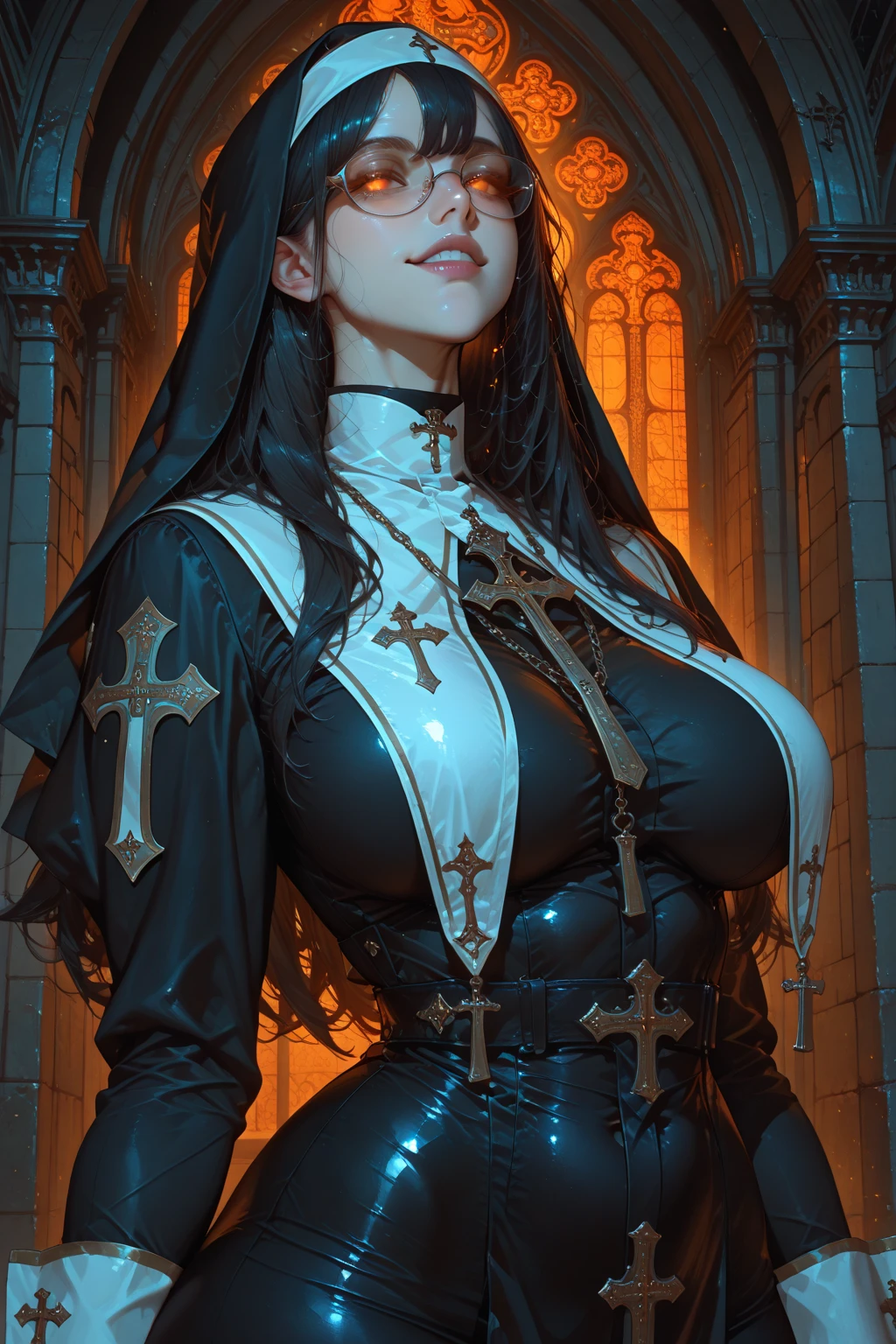 model face, long hair neon, milf, muscular, tall and strong, battle goth nun, sun symbol on skin, sexy nun dress, black red anarelo, filigrams, large breasts and necklines, transparency, reflective, shine, runes