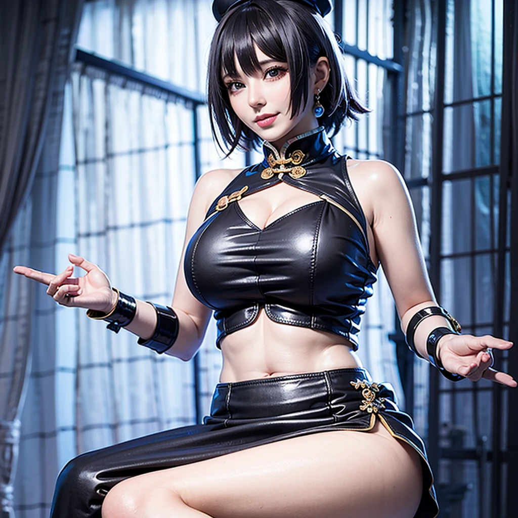 Girl, perfect facial features, short hair with bangs, blushing, rapid heartbeat, shortness of breath, sweating, panting, kneeling and begging for mercy, tail between her, cat ears, collar chains, sailor dress, pleated skirt, big breast, black stockings, still plan to take it home