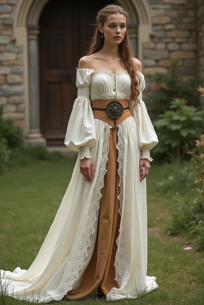 rugged white
dress like from a post apocalyptic scene a dress for a princess in war with another kingdom , full look with dirt jeans to seen worn and the dress should be wripped from the bottom a whole dress for a princess not casual or t shirt, the also should look more modest and covered and realted to shakespeare