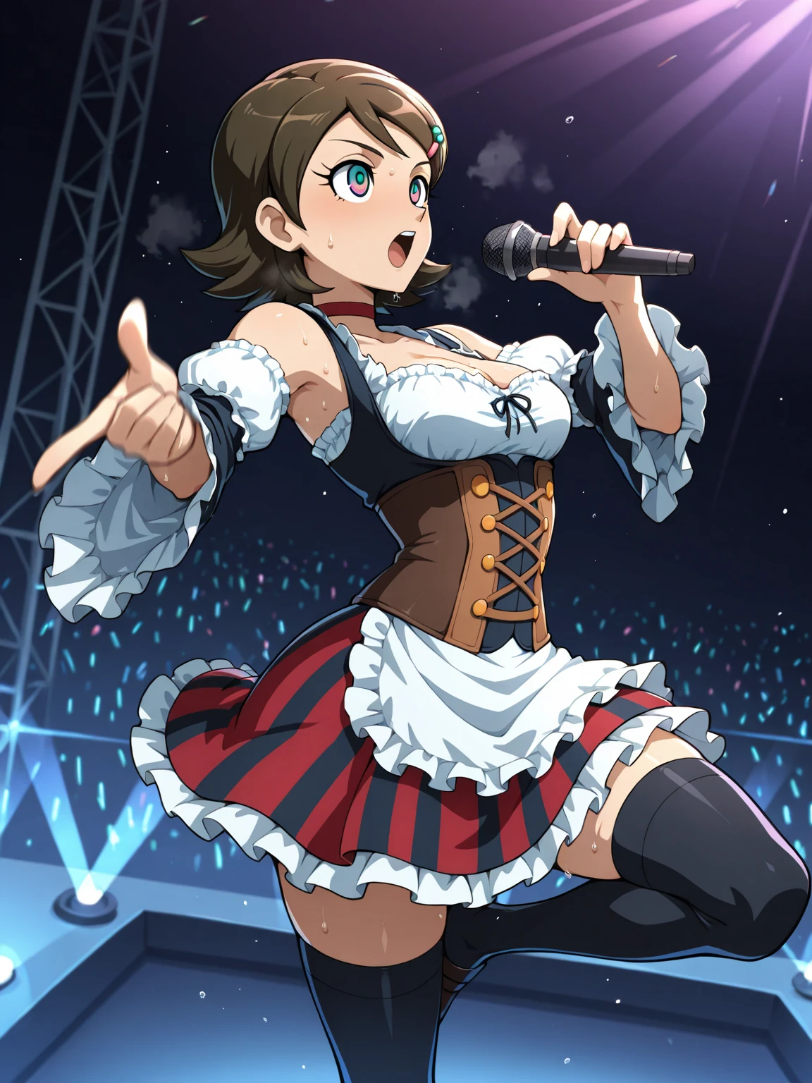 (masterpiece, Highest quality), One girl, Yunyun,Long Hair,Braiding,Twin tails,Hair between the eyes,Red hair ribbon,hair ornaments,large round breasts,、Pink Skirt、Black Hair、Crown Blade,Black Shirt, Long sleeve,Pink tie, belt, Cleavage cutout、Above the knee、(blush:1.2)、Young face、A lively face、(Singing on stage with a microphone in one hand:1.2)、The underwear is pink、Fluttering Skirt
