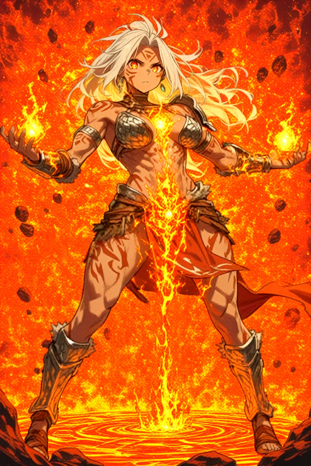 (masterpiece, best quality:1.2), cowboy shot, solo, 1girl, mcblaze, dark skin, dark-skinned female, fit female, abs, radiant beautiful happy face, looking at viewer, ahoge, underwear, panties, thighhighs, fingerless gloves, cleavage, fire, huge breasts, nipples through clothes, cameltoe, beautiful face, wide hips, beautiful eyes, red eyes, cute face, moaning, thick thighs, playful smile