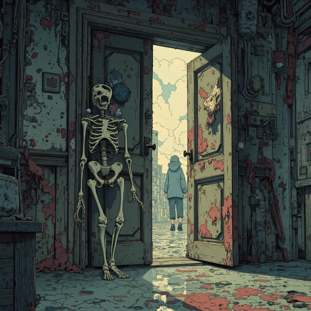 "obra-prima, qualidade premium, Black and white illustration of human skeleton standing in door with book, profundamente detalhado, static scene, contrastante, sombras habilmente definidas, ambiente aconchegante, light rustic texture on the wall, maximizes desolation and sharpens the observer's curiosity."