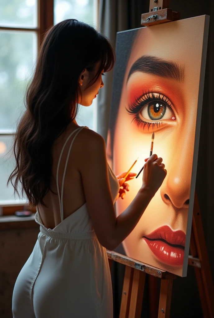 Beautiful girl in jeans and barefoot, chalking her mother's face on the wall, great image, dramatic lighting, great color tones, cinematic, (Best quality, very detailed work, (realistic, photorealistic, realistic: 1.37)dramatic lighting, cinematic composition, fiery lighting like a sunset