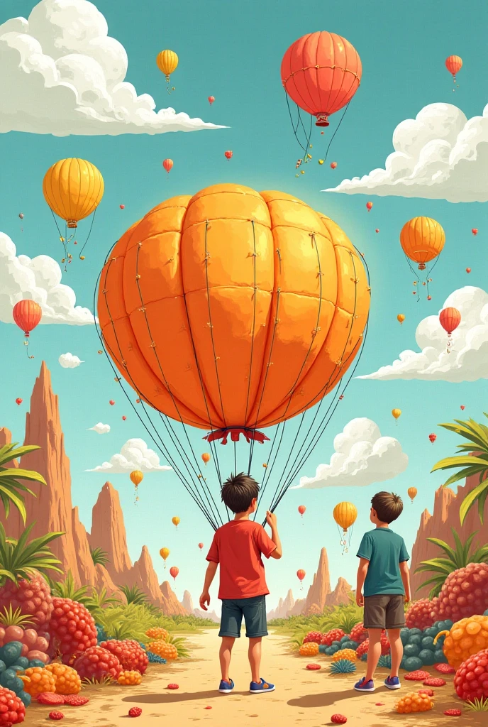 (Masterpiece, best quality) Two children sitting in a hot air balloon printed bitcoin flying in the sky, smiling, fine facial features, sun, clean blue sky and white clouds, rainbow, meadow, summer -V6