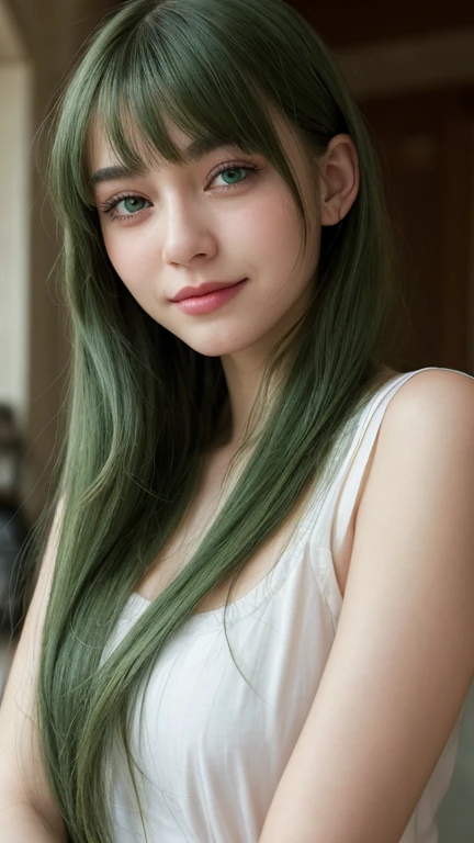 a girl. European. Extremely detailed face. Oval face. Delicate facial features. Half-closed eyes. Long straight hair. Messy hair. Bangs. Green hair. Green eyes. Lustful expression. sad mood. slight smile