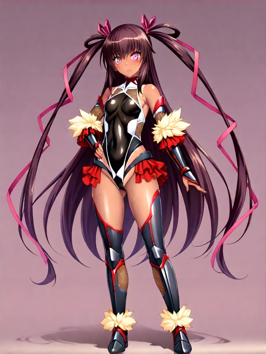 (masterpiece,Highest quality, detailed), One girl, alone, Embarrassed expression、View your viewers,
mizuki yukikaze, Hair Ribbon, Elbow hand pockets, Fingerless gloves, Frilled leotard, Fur trim, ((Black leotard)), (Thigh-high boots), (taimanin suit), One Piece Tan,