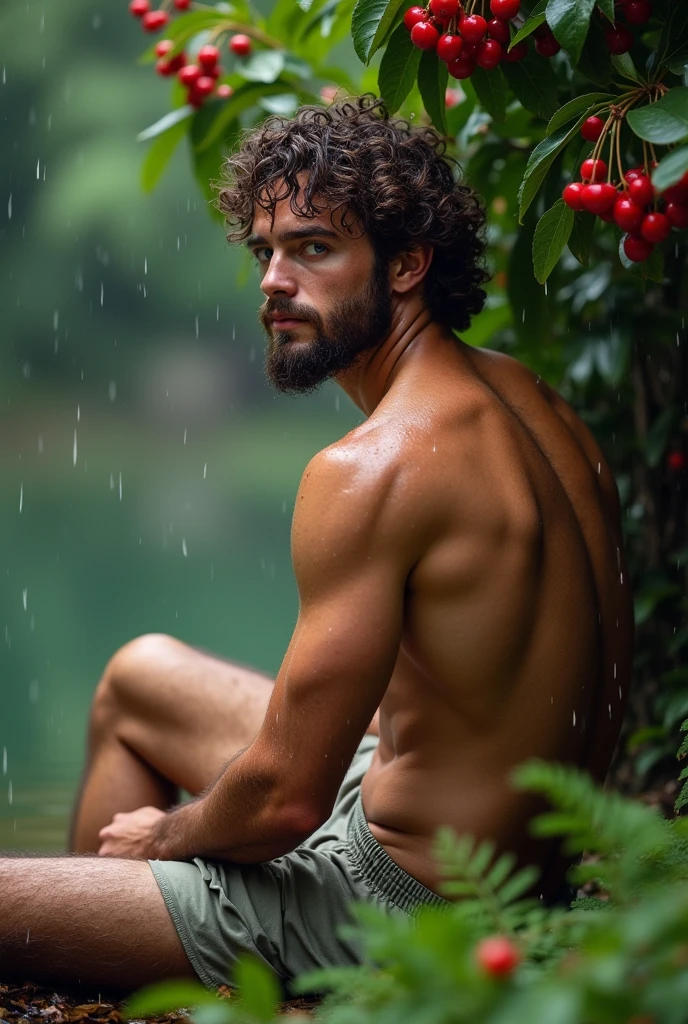 (solo, full body photo:1.3), Lying under a tree, muscular man, wet, looking down, low perspective, side view.