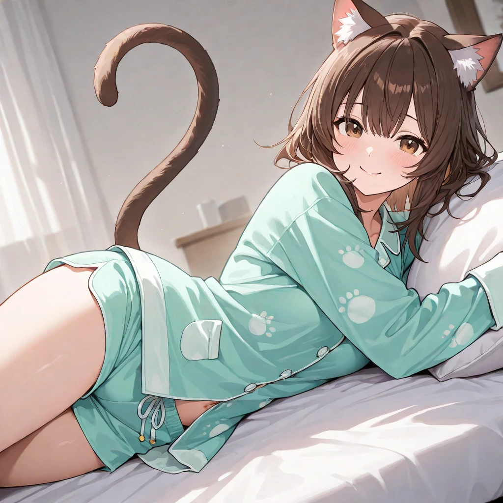 Girl dog student furry anime brown hair green eyes big breasts pajamas short sleeves and short shorts
