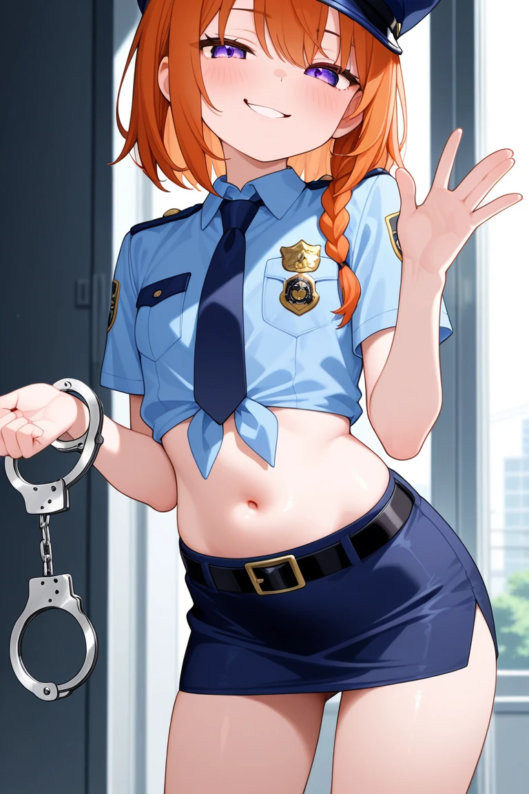 There is a woman in a police uniform, official, police official, (Yoshida Yuuko), sad police, Attire: cop, redhead woman, yoshida yuuko wearing a police uniform, high resolution commission, sheriff woman, Lois van Baarle y Rossdraws, bottomless, leotard blue, bare legs, sitting on a chair, (((his hands are behind his body)),((The whole body is tightly bound.)) in jail, tapegag,