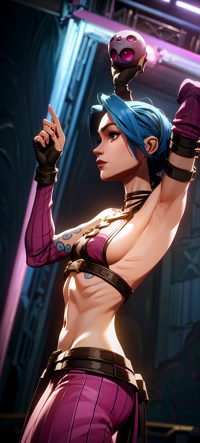 arcane style, neck tattoo, nose piercing,1girl, thick, mommy, pink hair, asymmetrical bangs, bandaid, short hair, bangs, freckles, grey eyes, scar, scar on face, solo, tattoo on face, arcane vi, looking at the viewer, purple, hair, large breasts, large breasts, cleavage, big cleavage, upper body, wearing only abra, bra, lingerie, angry face, mouth closed, cleavage, vi from arcane, arcane style, tight bra, bending over, bending over looking at the viewer, vi \(league of legends\