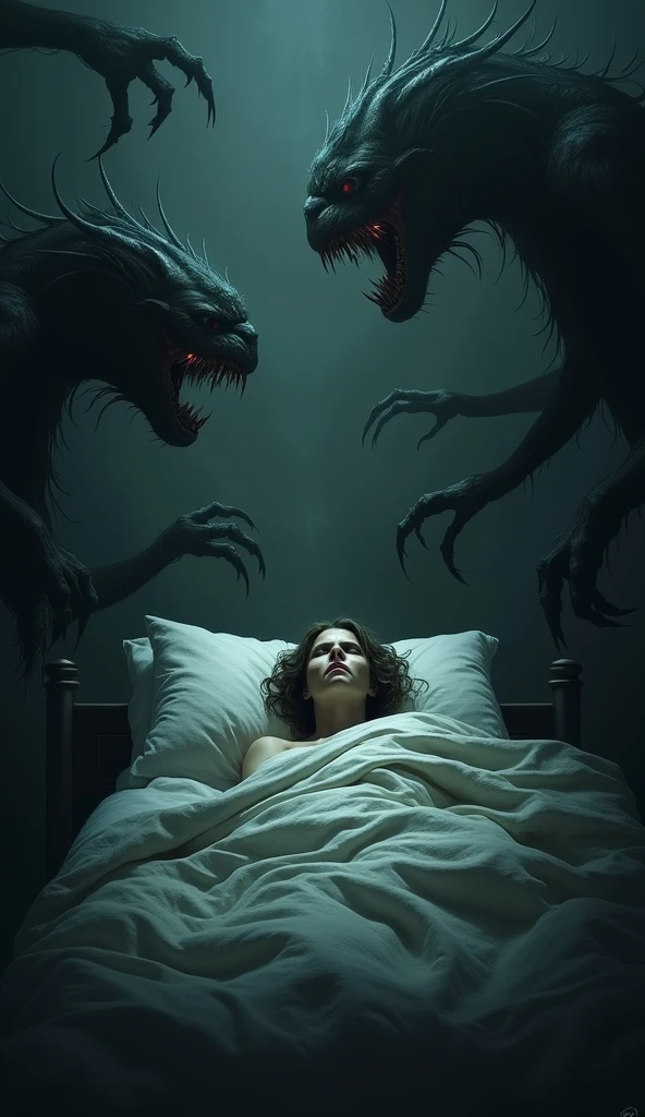 A man lying on a bed( completely covered by a sheet from head to toe) He seems to be tied by an invisible rope and on either side of him are two demonic shadows that seem to be talking to him. .
On the ceiling of the room you can see 2 cat eyes. The image looks dark..
The image is in black and white. The man seems to be screaming under the sheet.