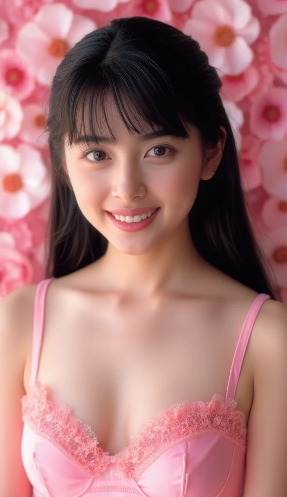 ((((8k))),((Extremely meticulous CG)) ,(wallpaper),16k,((Extremely refined and beautiful)),(((Masterpiece))),(((best qualtiy))),(((Ultra High Resolution))),beautiful light up,Perfect lightning,realistic shaded,((high resolution)),(Smooth and flawless fair skin:1.5),(pale skin:1.3),(Extremely exquisite facial details:1.2),(perfect body:1.1),(ultra-detailed),((A beautiful ,solo)),(22 years old:1.8),(small breasts:1.2),(colorful wreath:1.2),(shoulder length straight bob hair:1.3),(thick bangs:1.5),(earrings:1.2),(small face:1.2),(baby face:1.5),(Exquisite makeup:1.2),((slim,thin)),happy,(laughing:1.2),(crystal necklace:1.2),(((lace,see through))),(strapless colorful bra:1.5),(lace gloves:1.3),(day scene:1.5),(In the sea of flowers:1.3),(Flowers of various colors:1.3),(detailed background:1.5),(standing:1.3),(arms behind back:1.3),(from front:1.2),(Super high saturation,bright and vivid colors:1.3), 
