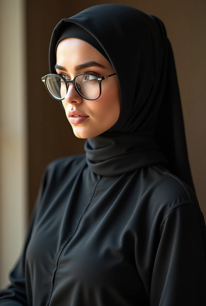 A beautiful Chubby Muslim girl in black niqab with face mask and simple transparent glasses in seductive mood ,with sexy boobs and cleavage and sexy buttocks
