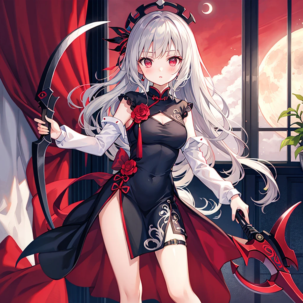 one beautiful Germans girl's Grim Reaper,teenagers,wearing Swim suit,She's standing with a scythe,Look in here,luxury,The petals of red equinoctial flowers dance,(((masterpiece))), (((best quality))), ((ultra-detailed)), (illustration), (detailed light),((an extremely delicate and beautiful)),(beautiful detailed eyes),red eyes