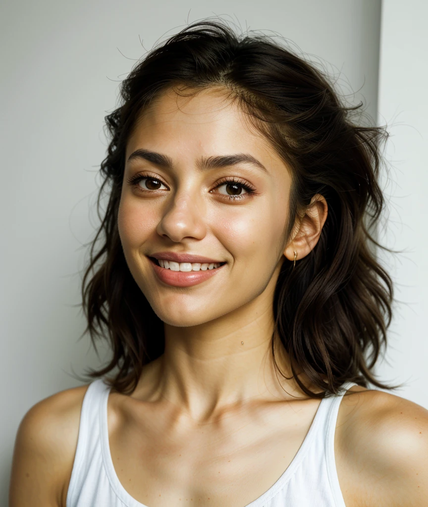 22-year-old woman, dark brown curly hair, brown skin color, dark brown eyes, smiling, white t-shirt, 8k, photorealistic