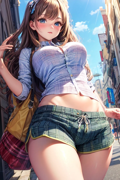 High resolution, high quality, Two women walking down the street in pink waitress outfits。, Two Girls, Anime Girls,Two-dimensional beautiful girl,Brown long hair, Brown eyes, Green glasses,heart shaped pupils,Sunburned skin,Super big breasts,beautiful breasts, (BIG ASS),beautiful ass,mini skirt,panties, underwear, (shiny light blue satin panties:1.3),(shiny light blue satin panties:1.3),Horizontal lace panties that cover the butt,liar, Knee socks, The wind is blowing my skirt away, Looking Back,Realistic,Angle from behind,